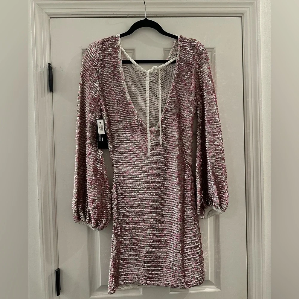 NWT Retrofete Tara Crochet Sequin Mini Dress Pink Silver Mix Medium / Large - Picture 7 of 12
